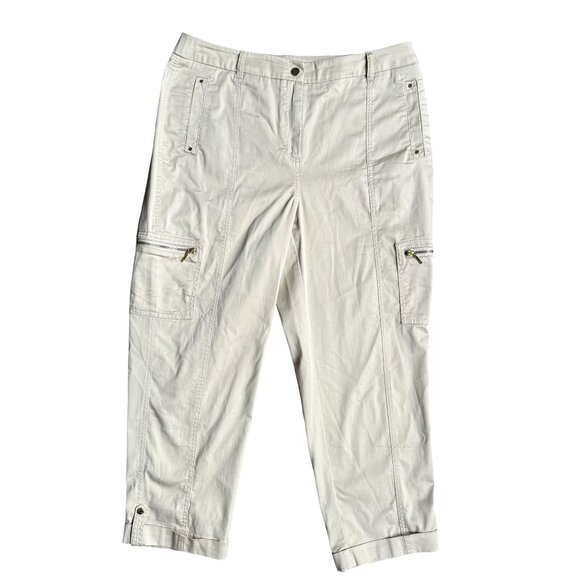 Chicos Beige Zip Pocket Cargo Capris Pants Womens M‎ Stretch Cotton Spandex Crop - Picture 1 of 8